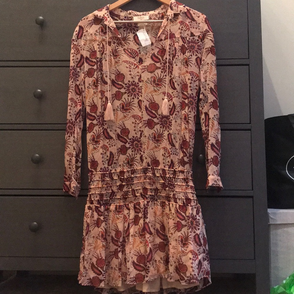 ba&sh Tan and Burgundy Floral Mini Dress